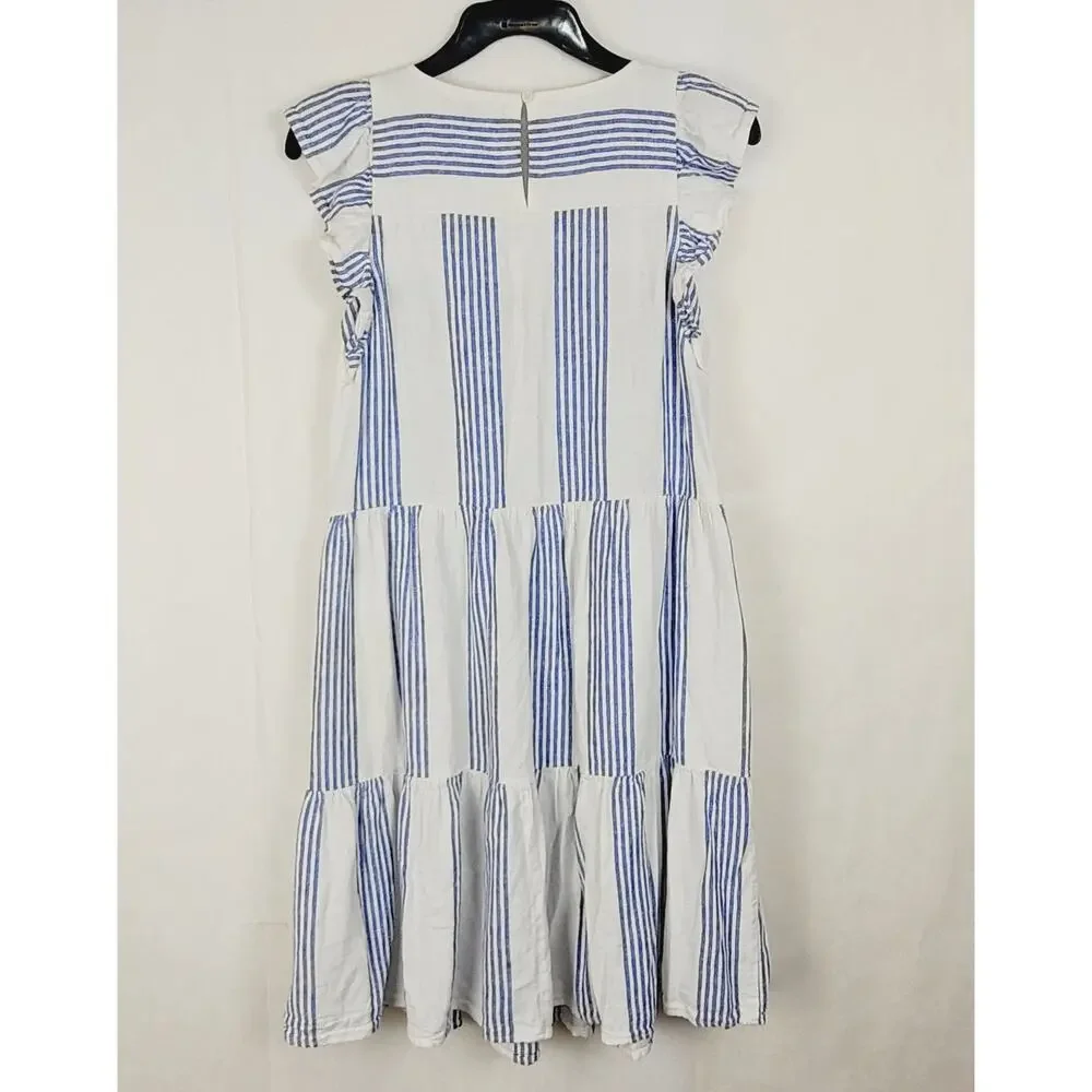 J.Crew linen blue striped ruffled sleeve babydoll dress SZ 4 resort coastal boho